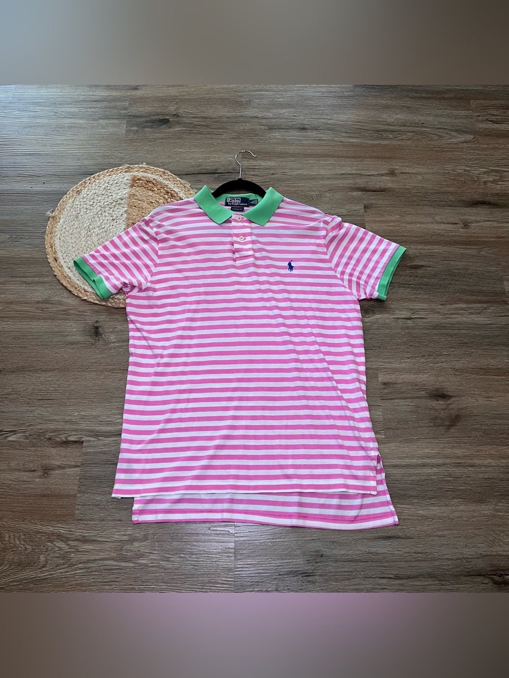 POLO BY RALPH LAUREN Custom Fit Pony White & Pink Striped Mens Polo Shirt